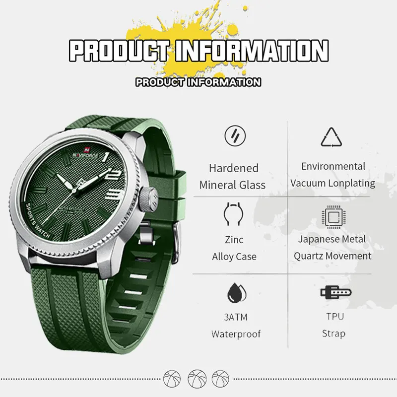 NAVIFORCE Original Army Sports Quartz Watches for Men Green Silicone Strap Military Waterproof Man Wrist Watch Relogio Masculino
