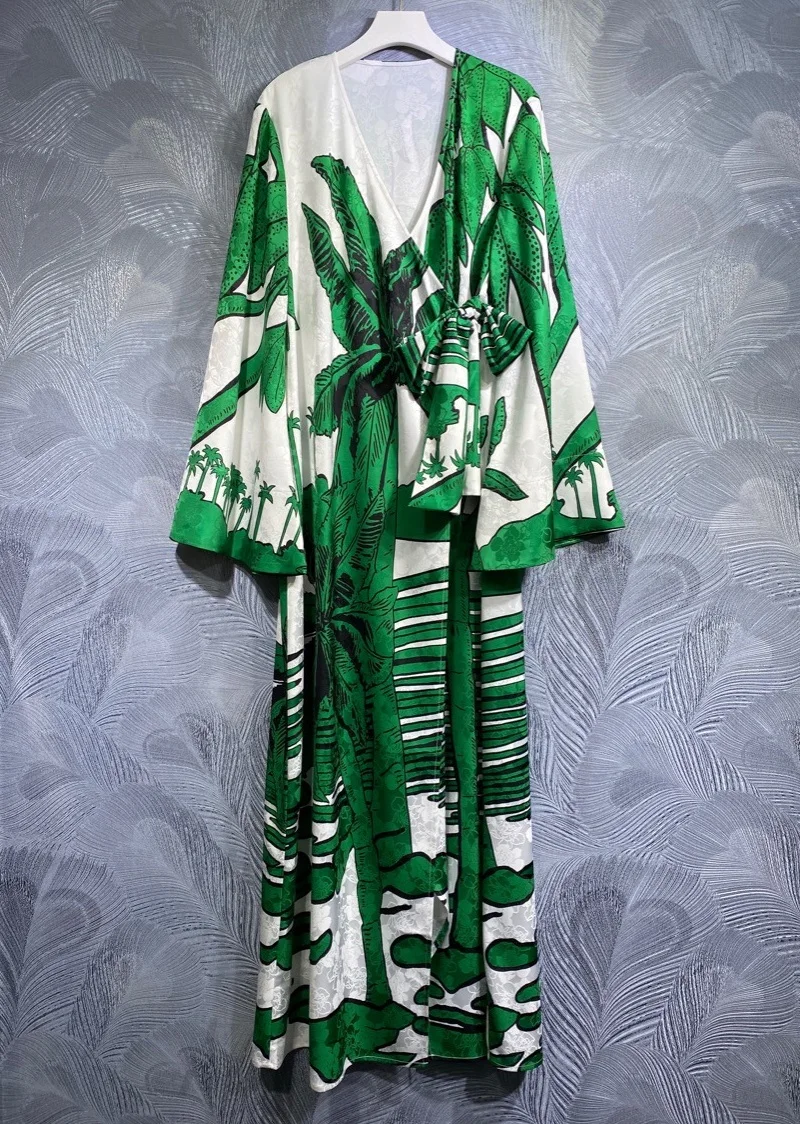 

Bohemian Long Dress 2023 Spring Summer High Quality Casual Clothes Women V-Neck Green Prints Long Sleeve Maxi Dress Vestidos XL