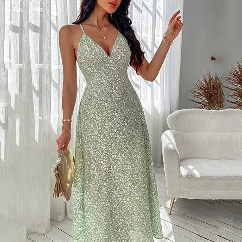 

Платье на бретелях-спагетти для женщин, Новинка лета 2023, Модное Элегантное повседневное облегающее женское пляжное платье с глубоким V-образным вырезом, высокой талией и широким подолом