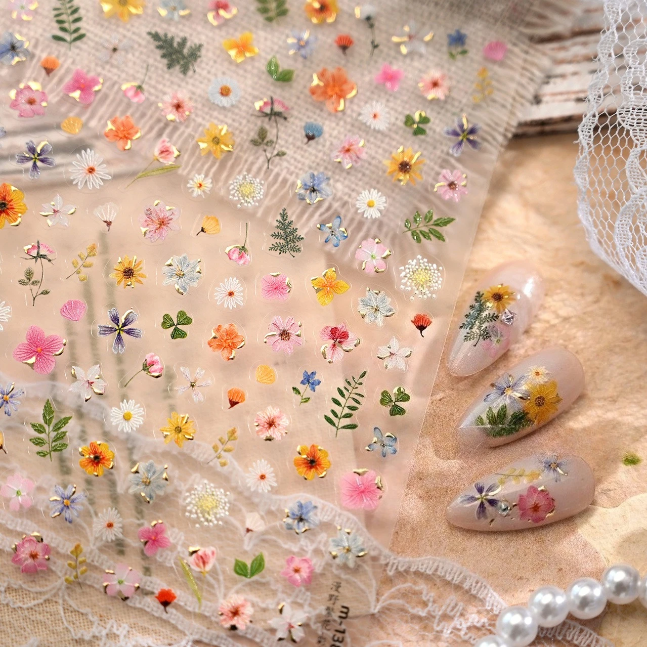 다양한 야생화 데이지 복숭아꽃 안개꽃 호접란 히비스커스 사이프러스 잎 접착식 네일 아트 스티커 매니큐어 데칼