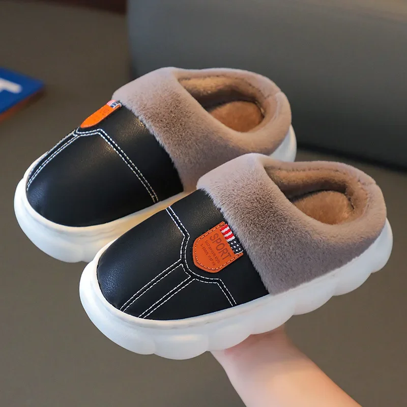 Women's Cotton Slippers Winter Shoes Woman Warm Plush Waterproof Leather Slippers Little Girls Boys Soft Sole Home Shoes