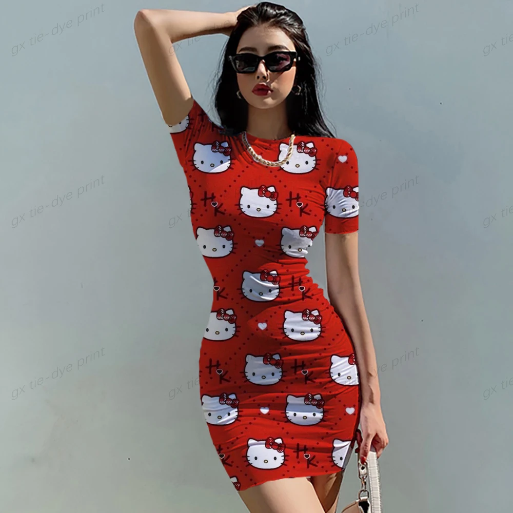 Nuovo Temperamento Coreano Delle Donne Estive Hello Kitty Print Dress Sezione A Maniche Corte In Vita Stretto Sexy Bag Hip Dress