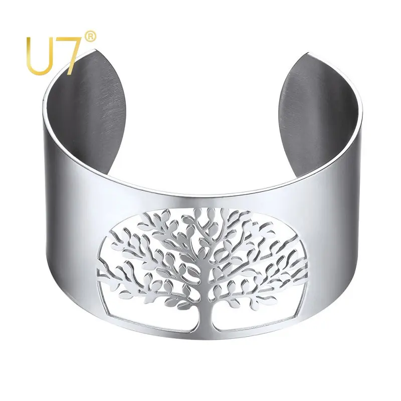 

U7 Vintage Hollow Out Tree of Life Wide Open Bangle Cuff Bracelet for Woman Stainless steel Hand Jewelry