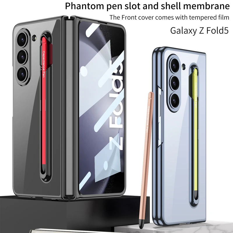 For Samsung Galaxy Z Fold 5 Case Ultra thin Electroplating Transparent Cover With Front Glass + Pen for Galaxy Z Fold5 GKK
