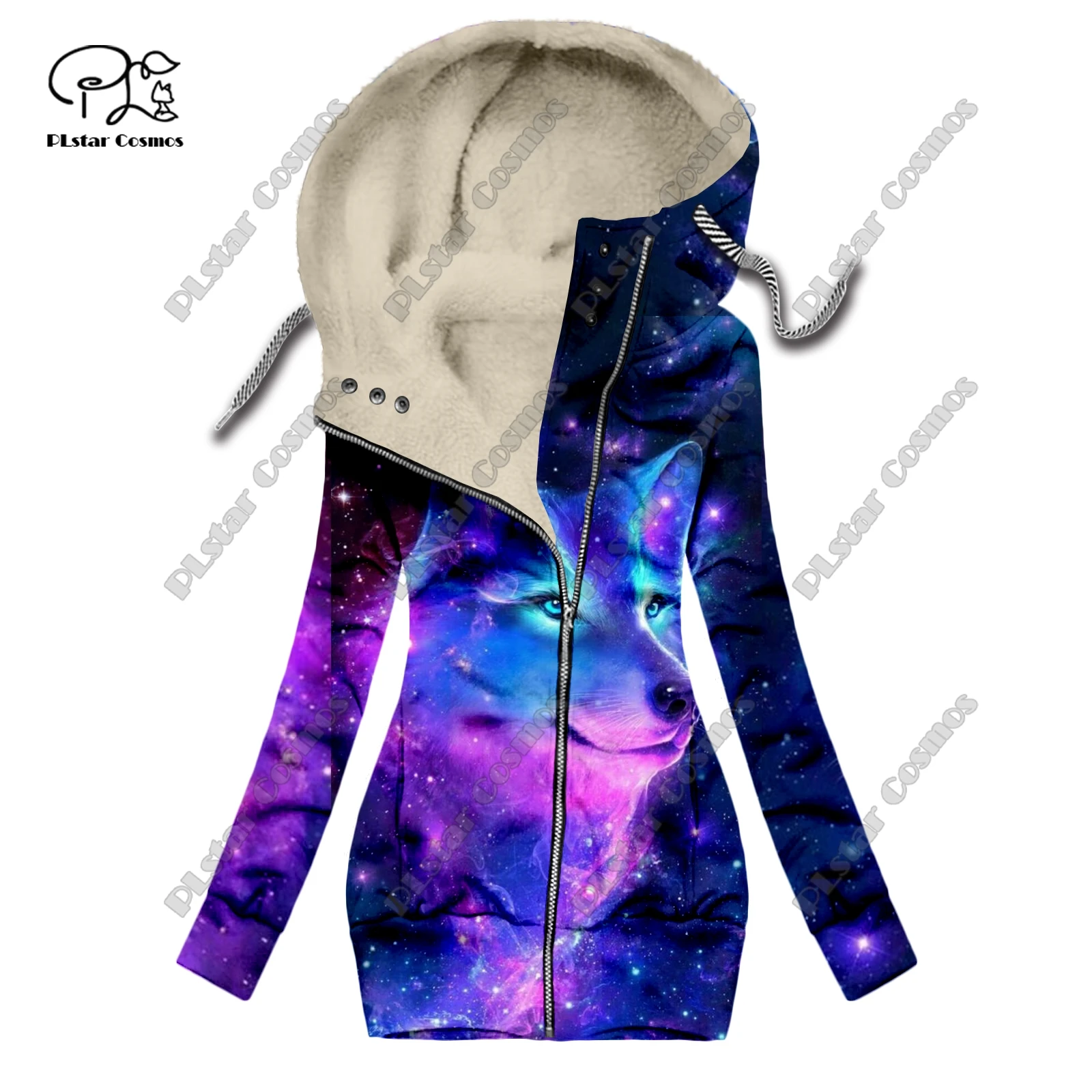 New 3D printed animal series wolf pattern velvet warm women's long zipper hoodie jacket commuting casual winter L-2