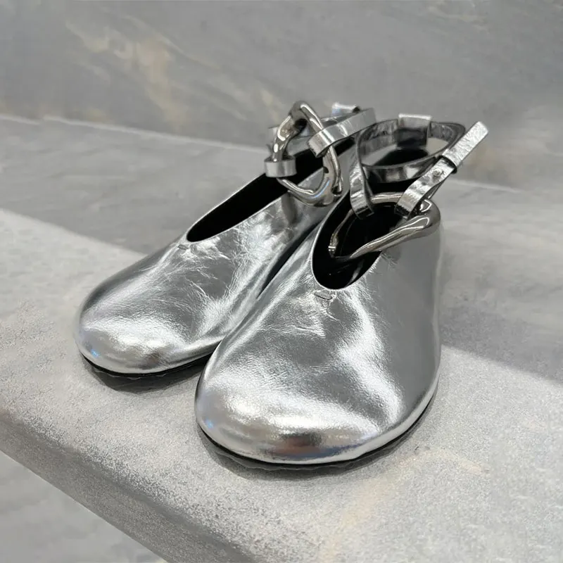 women's-round-head-shallow-mouth-new-style-leg-fitting-silver-large-buckle-thin-strap-buckle-flat-bottom-ballet-shoes