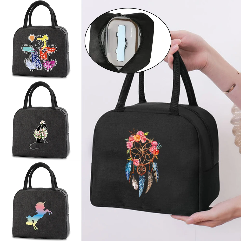 

Portable Lunch Bag Thermal Insulated Lunch Box Tote Cooler Handbag Black Bento Pouch Dinner Container School Food Storage Bags