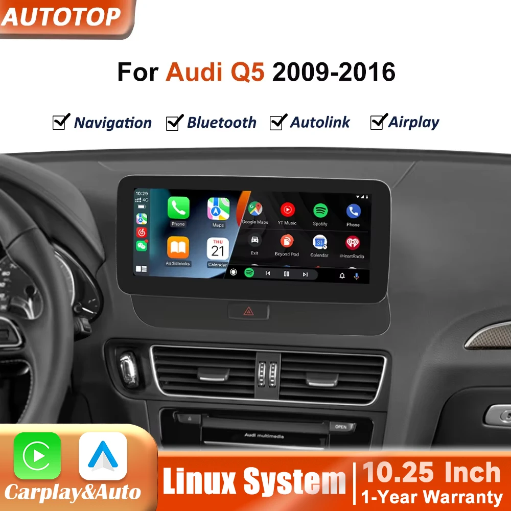 Radio para Auto con Sistema Inteligente de 10.25 Pulgadas, Linux, CarPlay Inalámbrico y Android Auto para Audi Q5 2009-2016, Estéreo, BT, GPS, Navegador, Autoradio 1