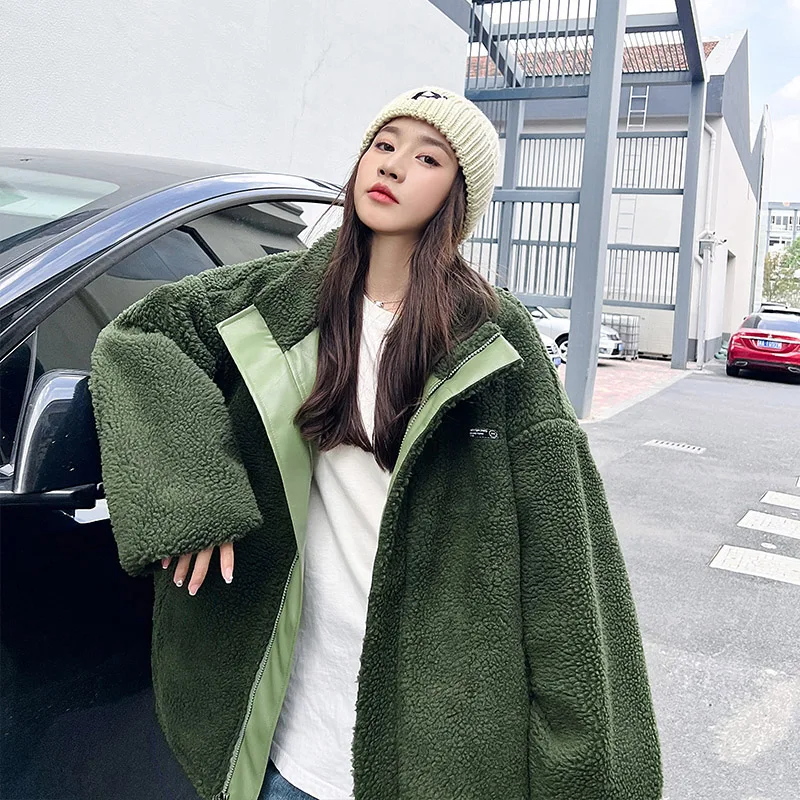 Sides Wear Women Parkas Korean Fashion Double Share Lamb Wool Winter Loose Casual Daily Short Couples PU Leather Cotton Jacket parkas loose winter coat women 2021 new chic lamb wool cotton jackets korean warm coats casual fashion short jacket y474