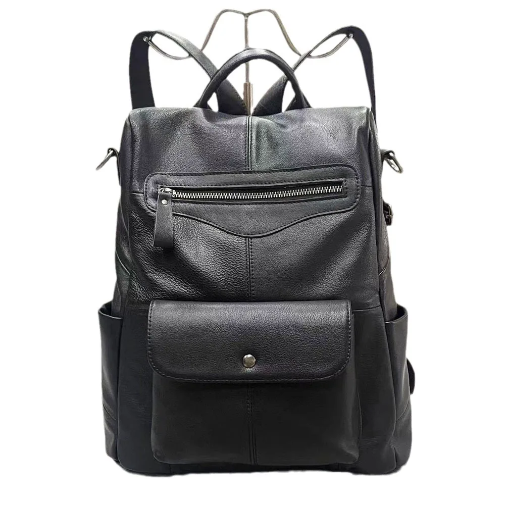 

Black Real Cow Leather Backpack Casual Ladies Genuine Leather Backpack Fashion Girls Double Shouder Bag