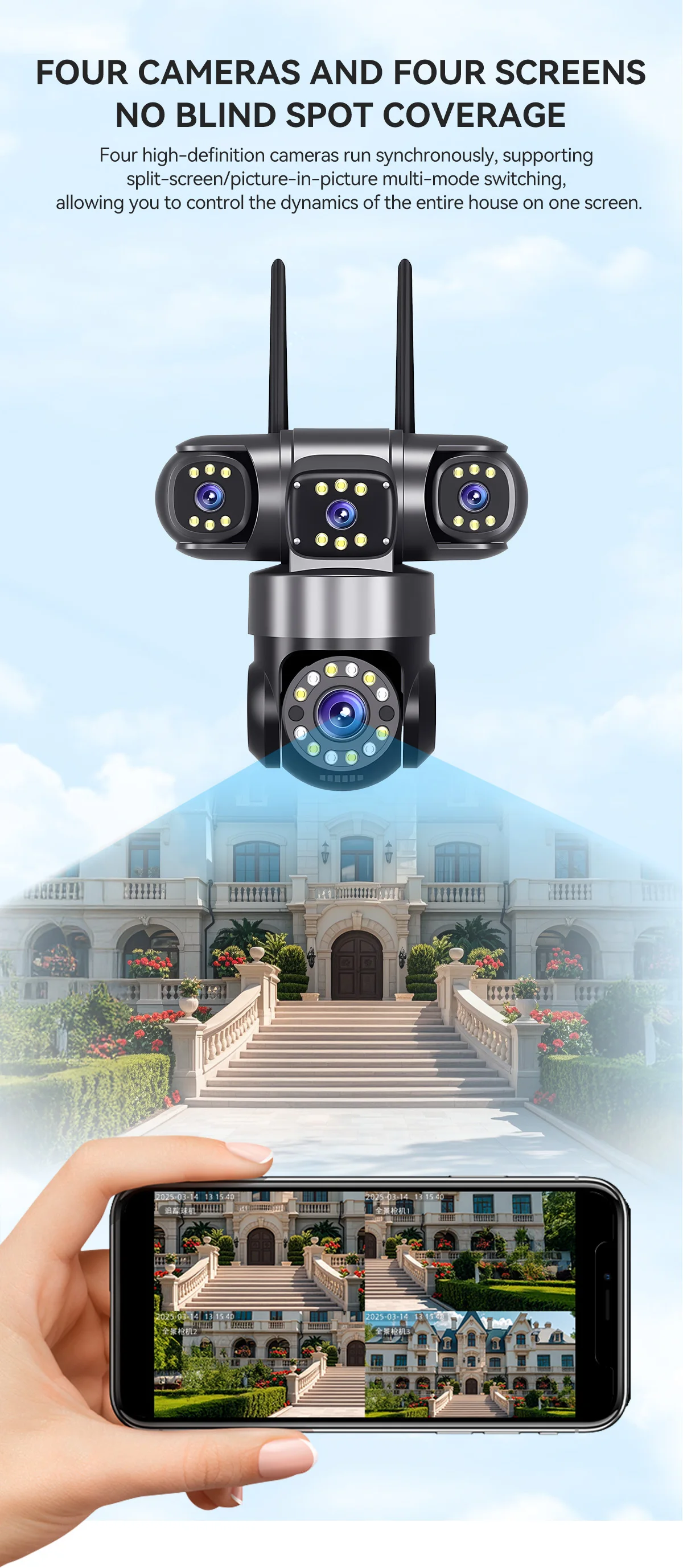 10K 20MP WIFI Camera UHD Security Camera with 16X Zoom Four Screens Four Lenses