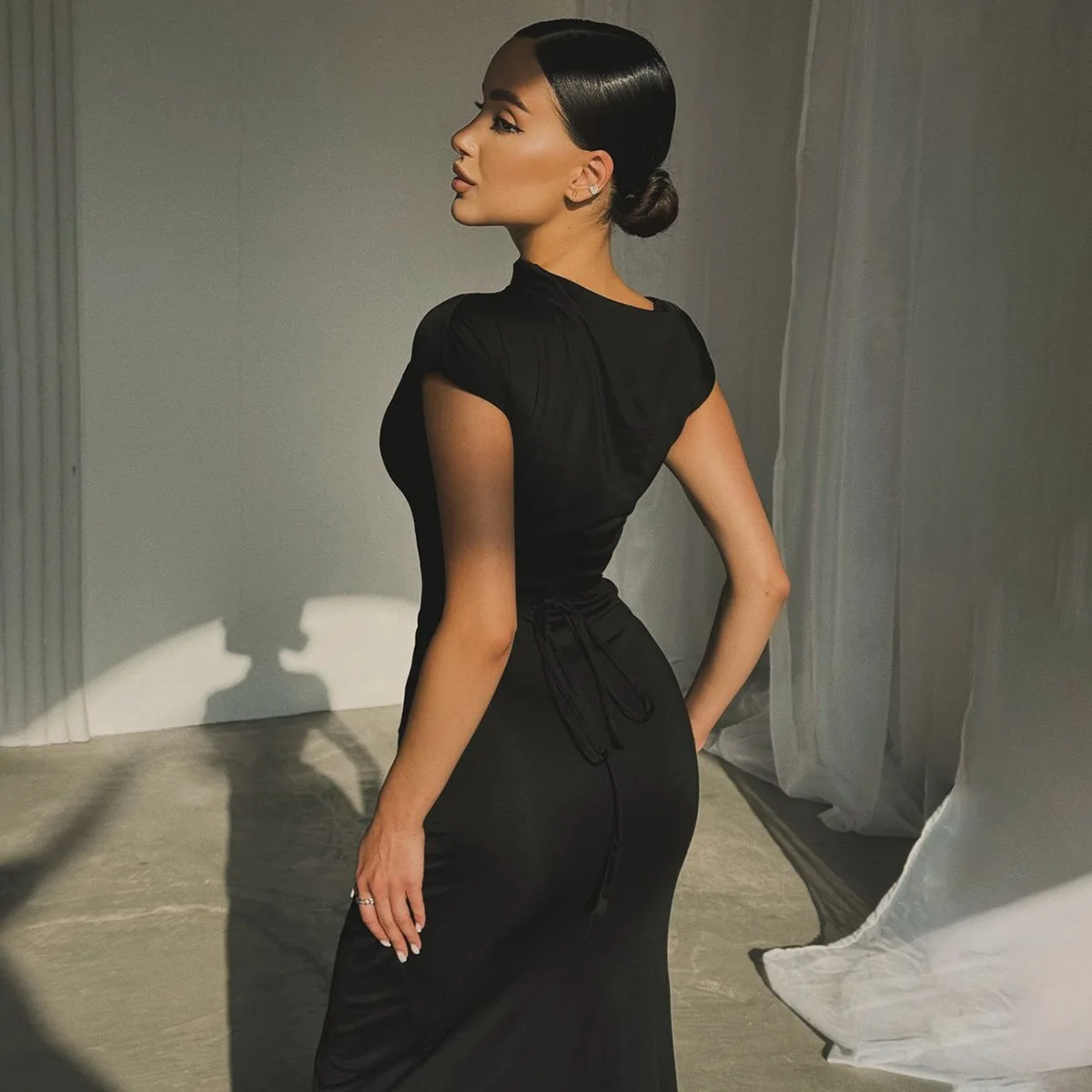 O Neck Short Sleeve Ruched Knotted Women'S Dresses Elegant Evening Prom Ladies Dress Y2K Fashion Casual Fall Clothing