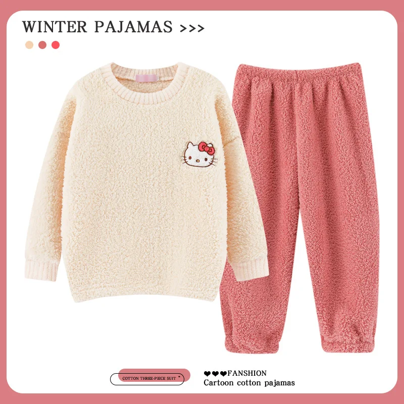 

Sanrio Hello Kitty Stuff Soft Coral Fleece Pajamas Winter Cardigan Plus Velvet Keep Warm Cartoon Cute Leisure Tracksuit Suit