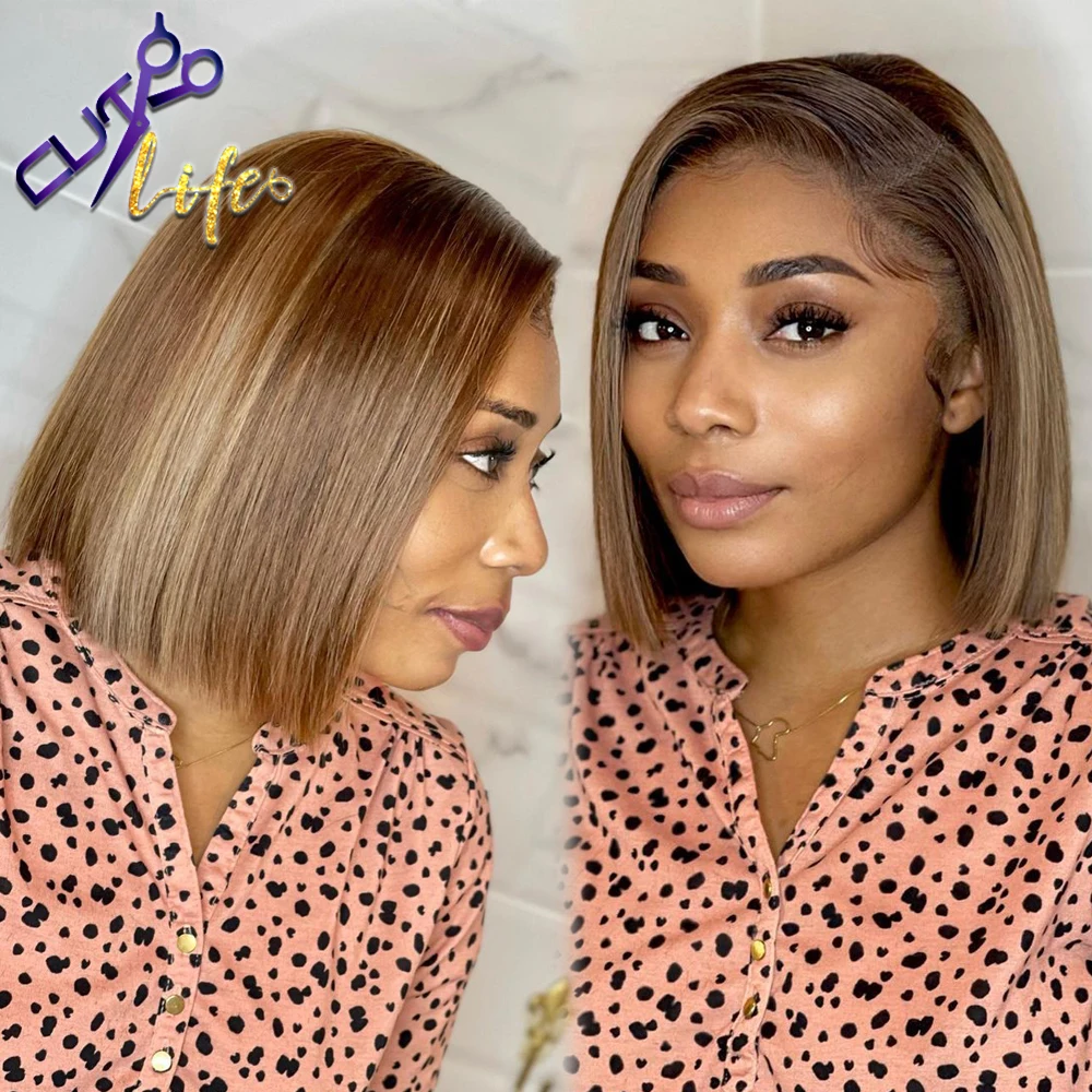 Highlight Color Short Cut Wavy Bob Pixie Wig 13X4 Lace Front Wigs Peruvian Human Hair Wigs Straight Pre plucked For Black Women