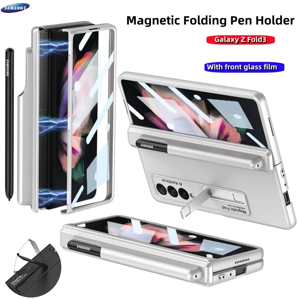

Phone Case For Samsung Galaxy Z Fold 3 5G Magnetic Folding Pen Holder Shockproof Cover With Film Pen Slot PC Case Original Funda