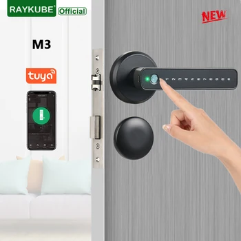 RAYKUBE M3 Tuya BLE 스마트 지문 도어락, 키 포함 비밀번호 잠금, Smartlife/Tuya 앱 잠금 해제, 실내 목재 금속 도어