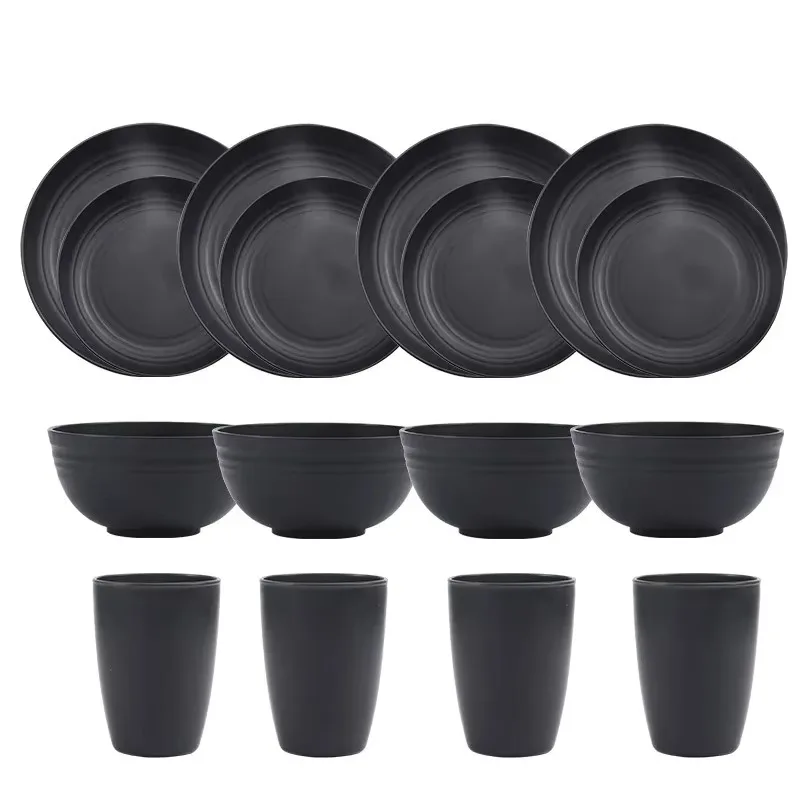 16/20/24 pc/set of black wheat straw PP tableware including household plates soup bowls cupsand plates reusable tableware