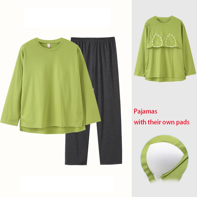 Pajamas Women's New Spring Combed Cotton Pullover Solid Women's Home Wear Simple Casual Large Size Long Sleeve Suit with Cushion