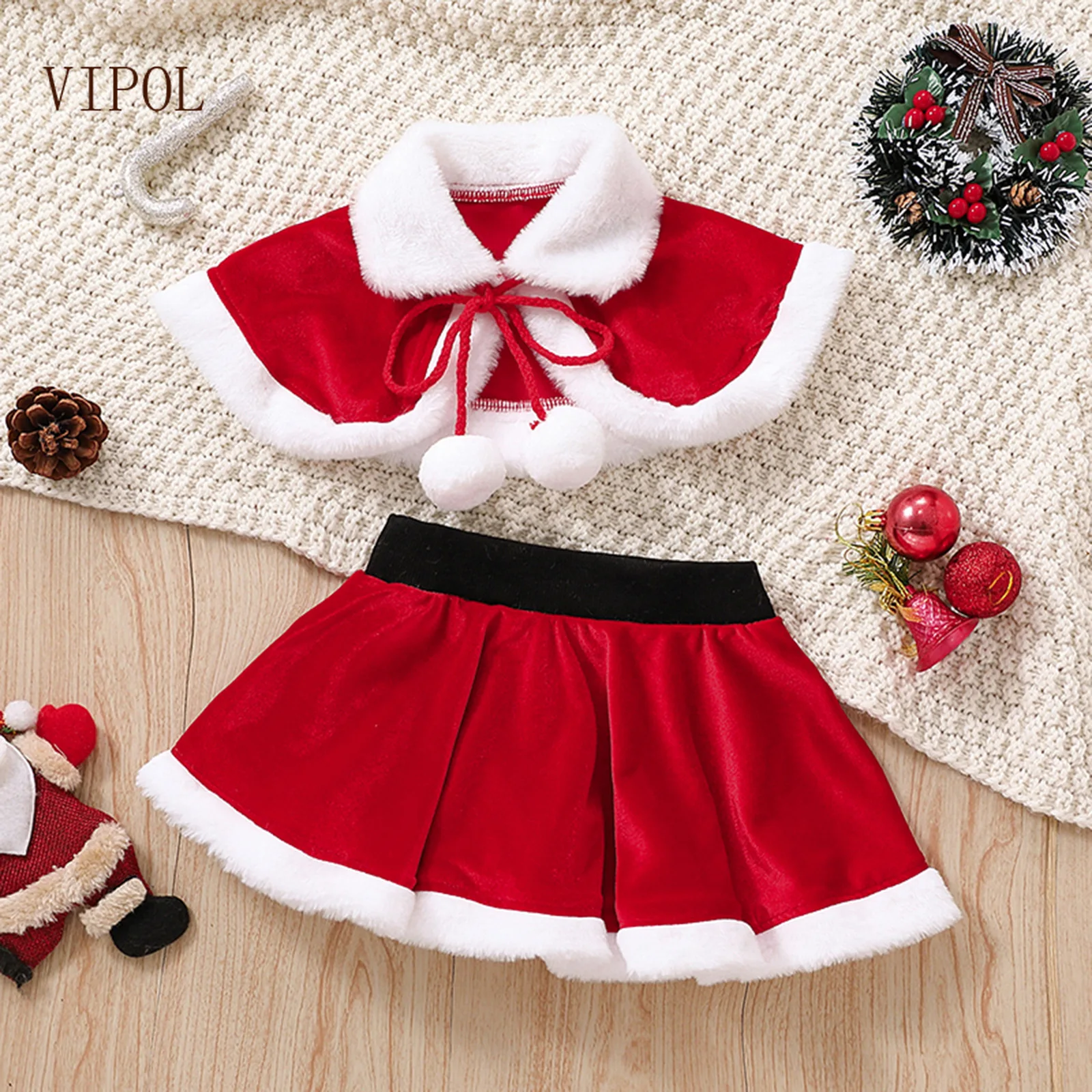 

VIPOL Chirstmas Girls Clothing Cloak + Skirt Two-piece Red Clothing Set Fall Winter Toddler Children Costume 1 2 3 4 5 Year Kids