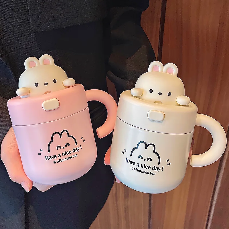 

Cute Bunny Bear Coffee Mug With Lid 18oz Stainless Steel Coffee Cups Vacuum Insulated Water Pots Summer Winter Drinkware