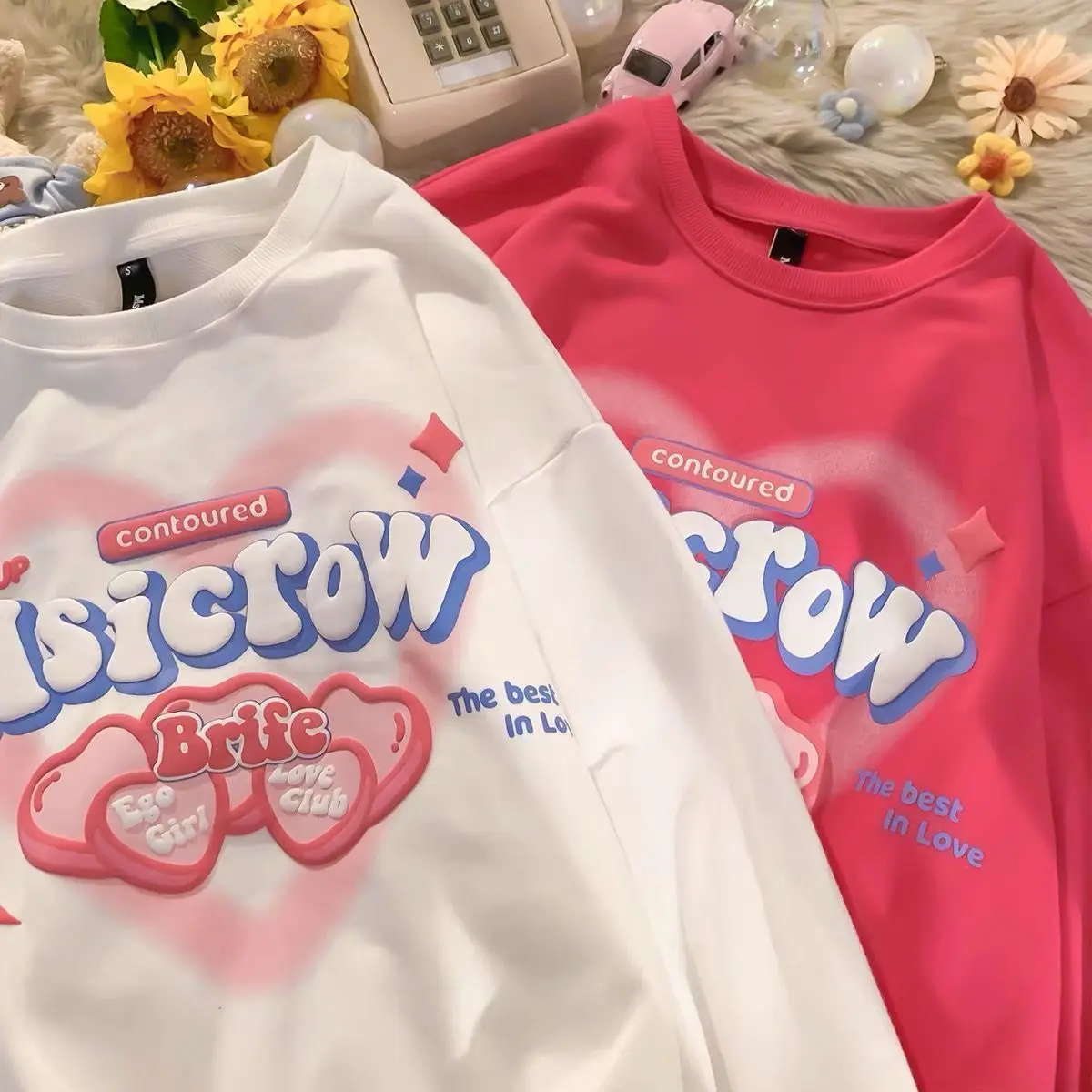 Long Sleeve New Pullover Harajuku Lovely Heart Love Letter Print T Shirts Korean Japan Kawaii Clothes Large O-neck Tops