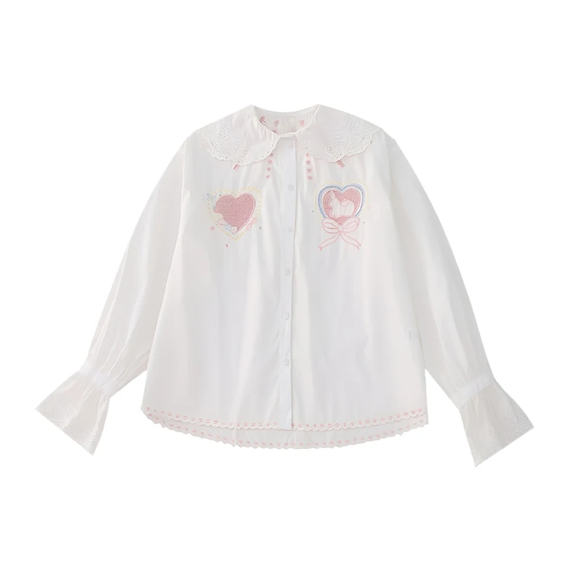 Vintage Doll Shirts Women 2022 Fashion Peter Pan Collar Kawaii Top Lolita Japanese Cute Hollow Out Heart Embroidery White Blouse