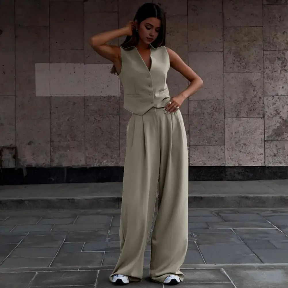 Women Vest Pants Suit Temperament Commuting Vest Top High Waist Wide Leg Pants OL Commute Suit Formal Business Top Trousers Set