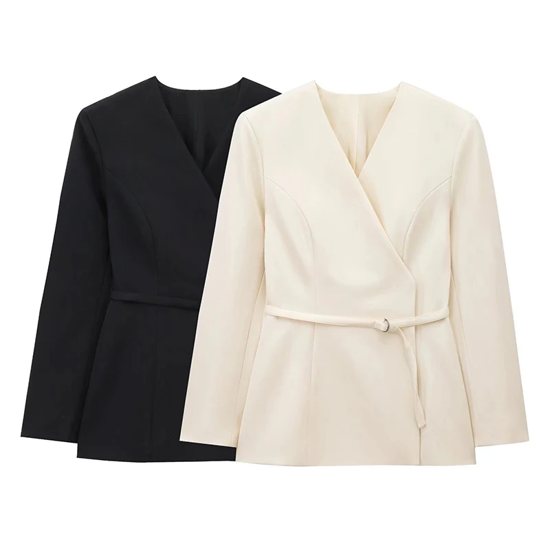 Chaqueta de traje con cinturón fino para mujer, cuello en V, hebilla, manga larga, color liso, primavera 2025, para mujer, para ir al trabajo, ropa de abrigo de cintura alta, nueva