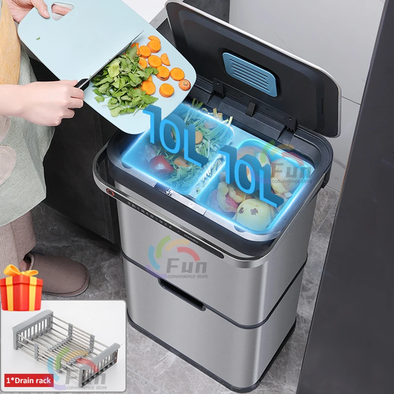 자동 센서 쓰레기통, 40L, 스테인레스 스틸, 지능형 쓰레기통, 드레인 랙 추가, 선택적인 분류 주방 쓰레기통, 3 개