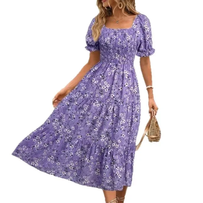 2025 New Women's Printed Dress Square Collar Bubble Sleeve Empire Waist Midi Dress Short Sleeve Cross-Border Independent Station 5