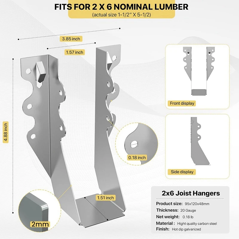 10 PCS 2X6 Joist Hanger Gauge Double Shear Face Mount Joist Hanger for Rafters Tie Brackets For Floor