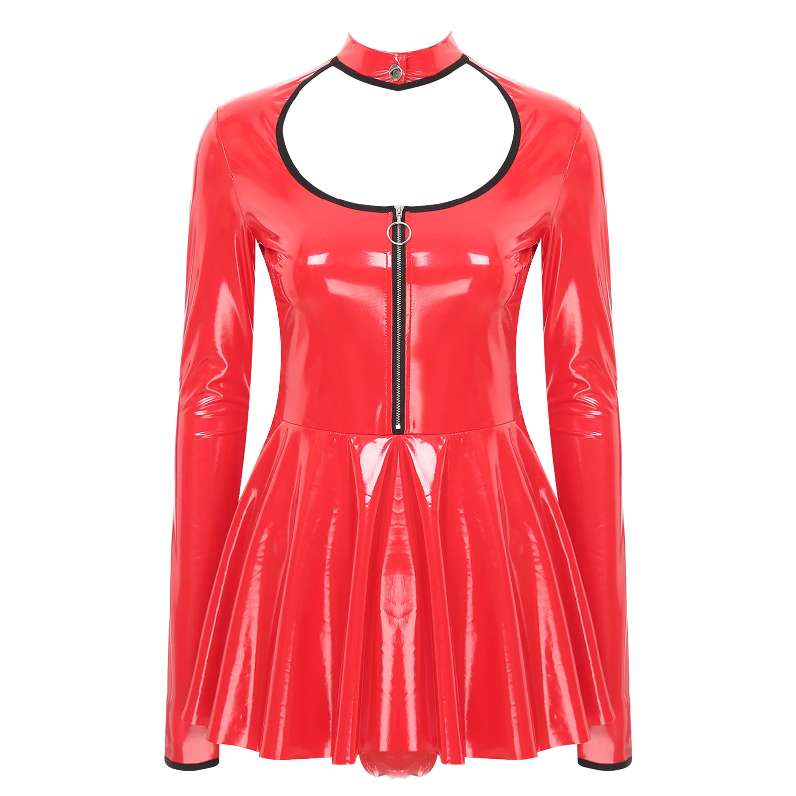 Women Club Latex Dress Deep V Neck Mesh Long Sleeves Punk Bodycon Mini Dress Zipper Glossy Metallic Shiny Faux Leather Dress