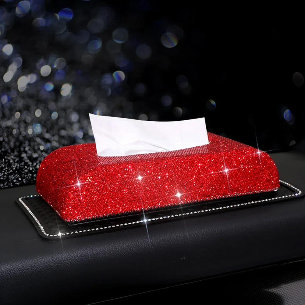 

Luxury Crystals Red Car Tissue Box Home Office PU Leather Napkins Paper Sparkly Holder Interior Accessories for WOMAN Gift