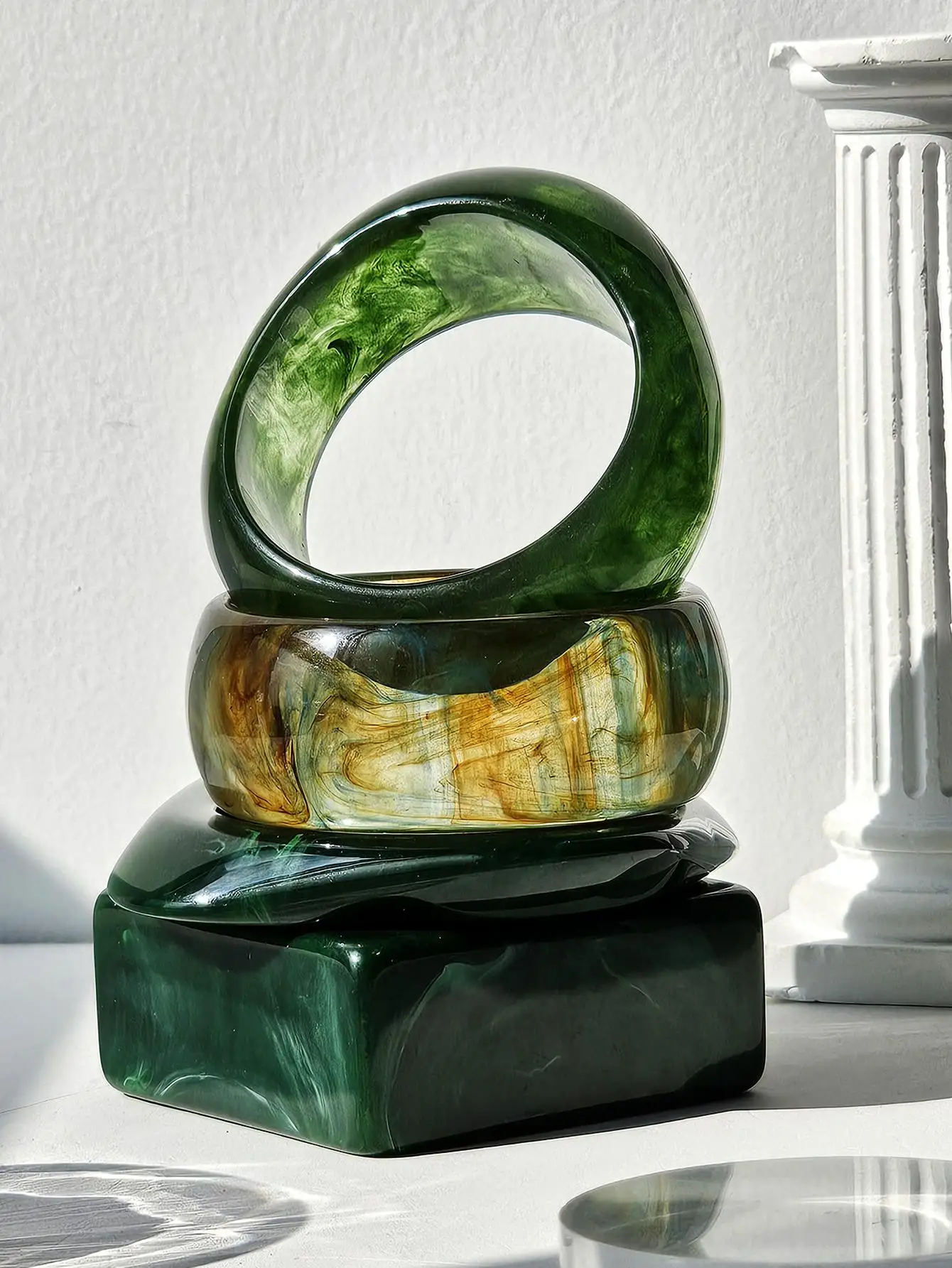 Resin Bracelet Retro Geometric Irregular Square Green Smudge Chunky for Women Girl Vintage Bangle