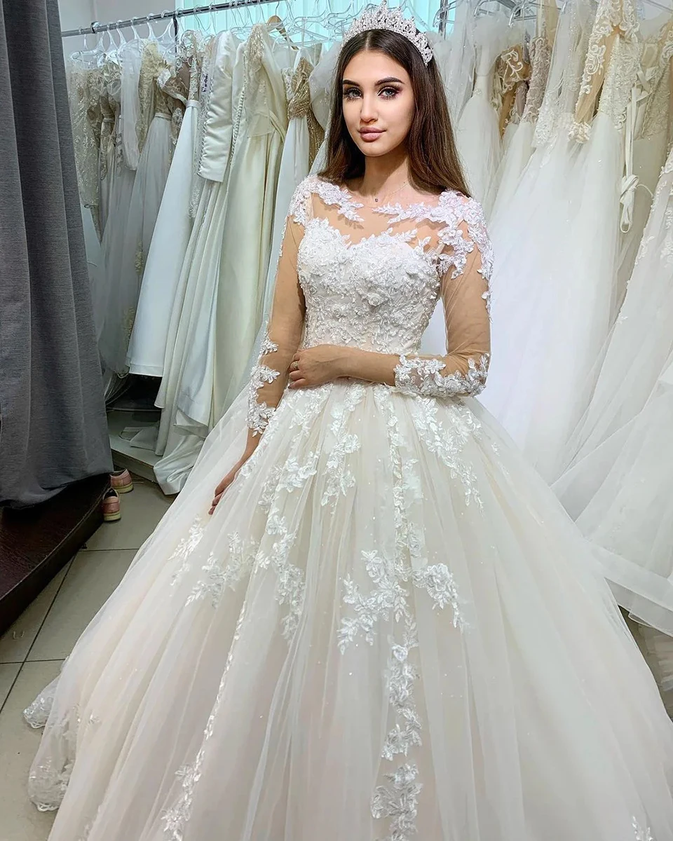 Elegantes Prinzessinnen-Ballkleid mit langen Ärmeln, Hochzeitskleid 2026, O-Ausschnitt, Applikationen, Schnürung am Rücken, Übergröße, Brautkleid, Vestido De Noiva – Detail 4