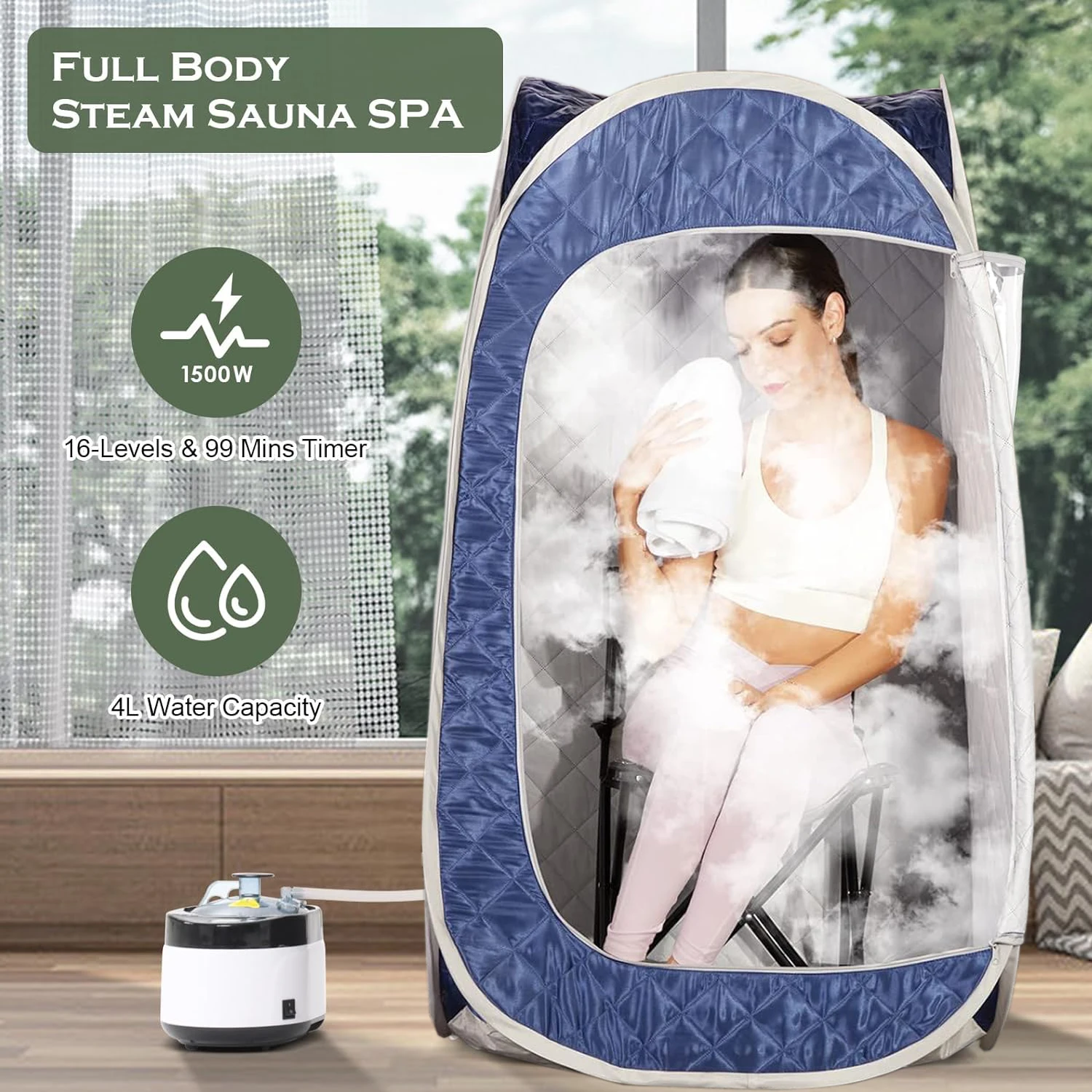 ซาวน่าไอน้ําแบบพกพา Full Body Personal Home Spa เต็นท์ซาวน่าแบบพับได้พร้อมเครื่องกําเนิดไอน้ํา 4 ลิตรและ 1500 วัตต์ 1