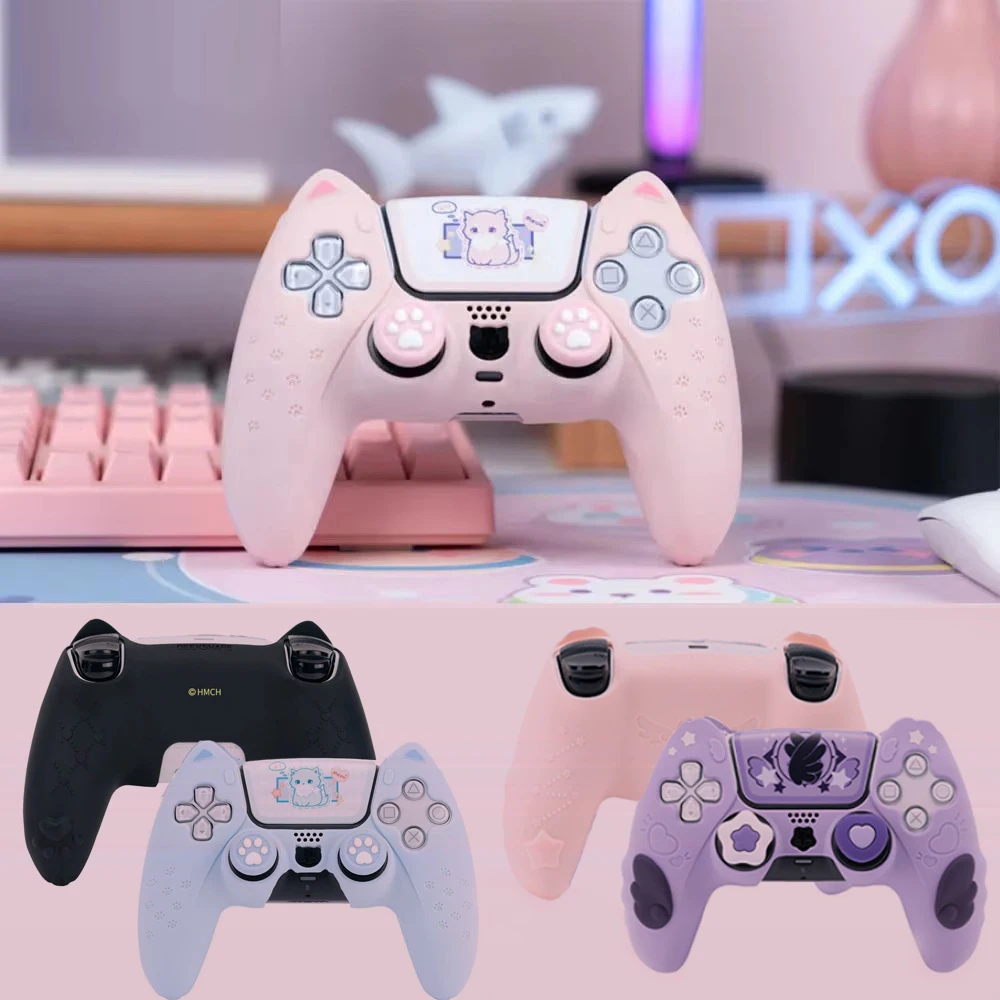 Pink Cat Paw Silicone Protective Case for PS5 Controller with Thumb Grip Cap