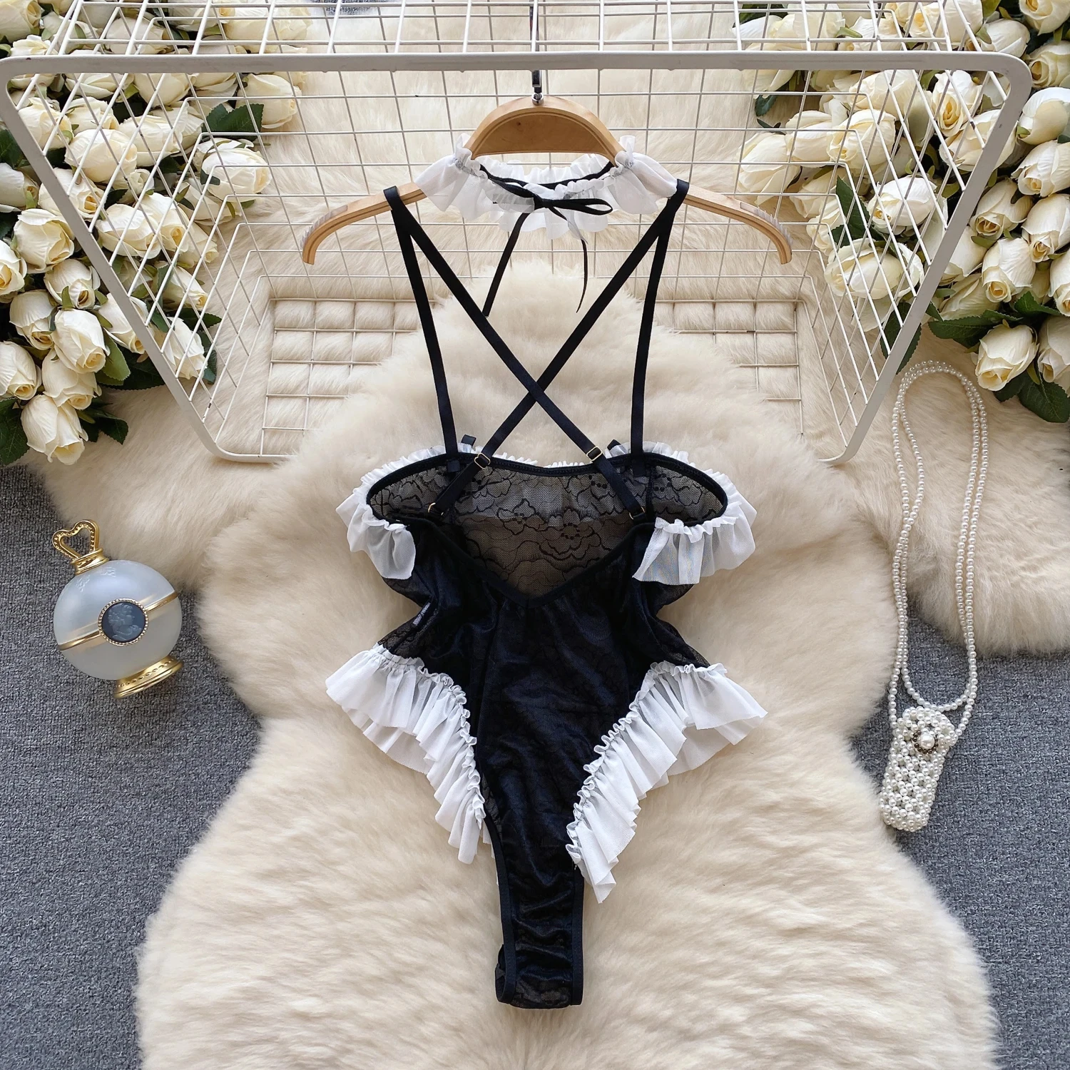 Women Camis Porno Bodysuits Uniform Sheer Sensual Bodycon Playsuits Female Erotic Open crotch Cosplay Sexy Rompers Ruffles Lace