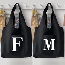 

Fashion Black Shoulder Bag Woman Handbag Casual Initial Name Letter White Pattern Printing Large Capacity Tote Bag Soft Commuter