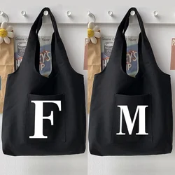 Fashion Black Shoulder Bag Woman Handbag Casual Initial Name Letter White Pattern Printing Large Capacity Tote Bag Soft Commuter