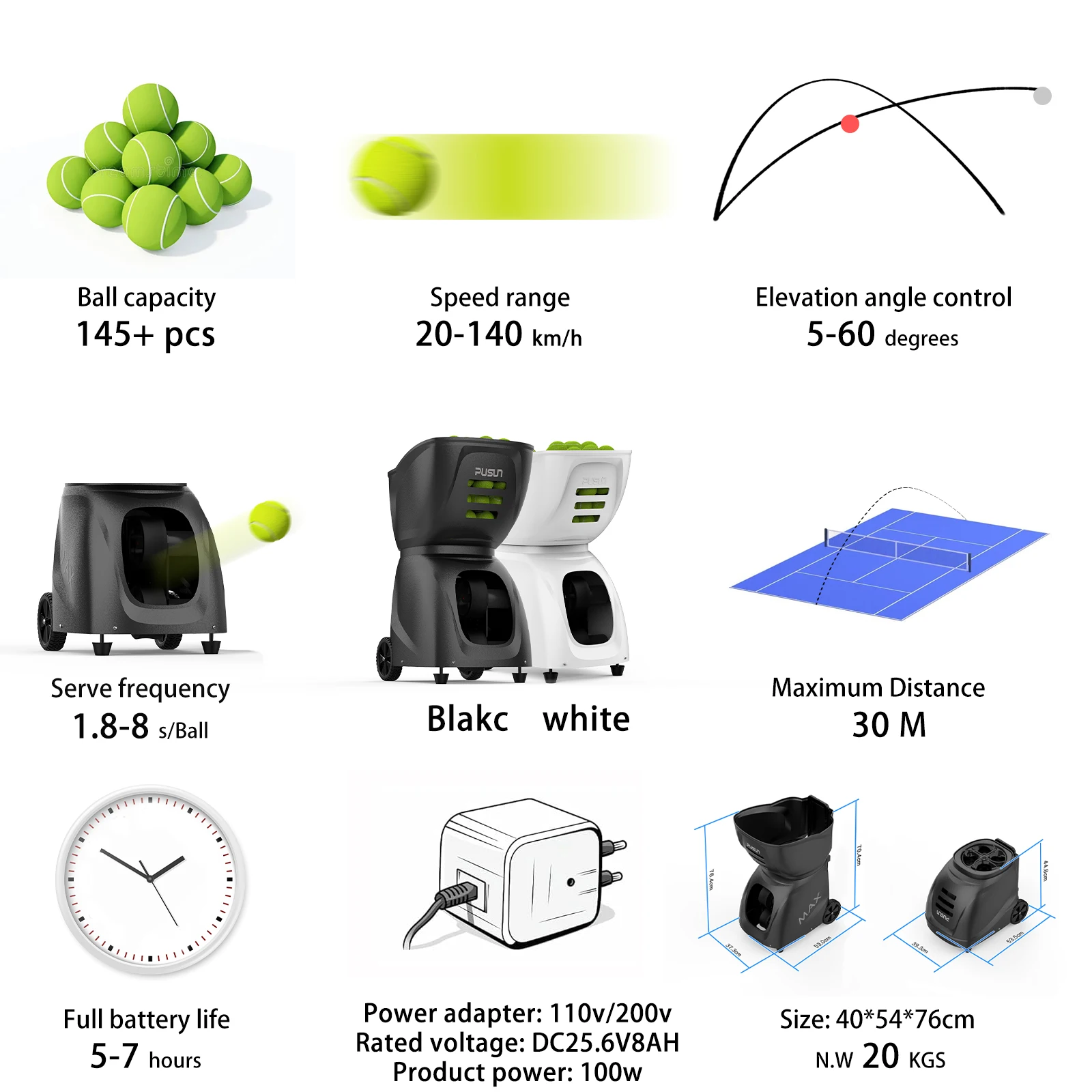 PT-MAX C Advanced Tennis Ball Machine: 28 Landing Points, 26 Serve Modes, App Control, 5-7 Hour Battery-Professional-Grade Por