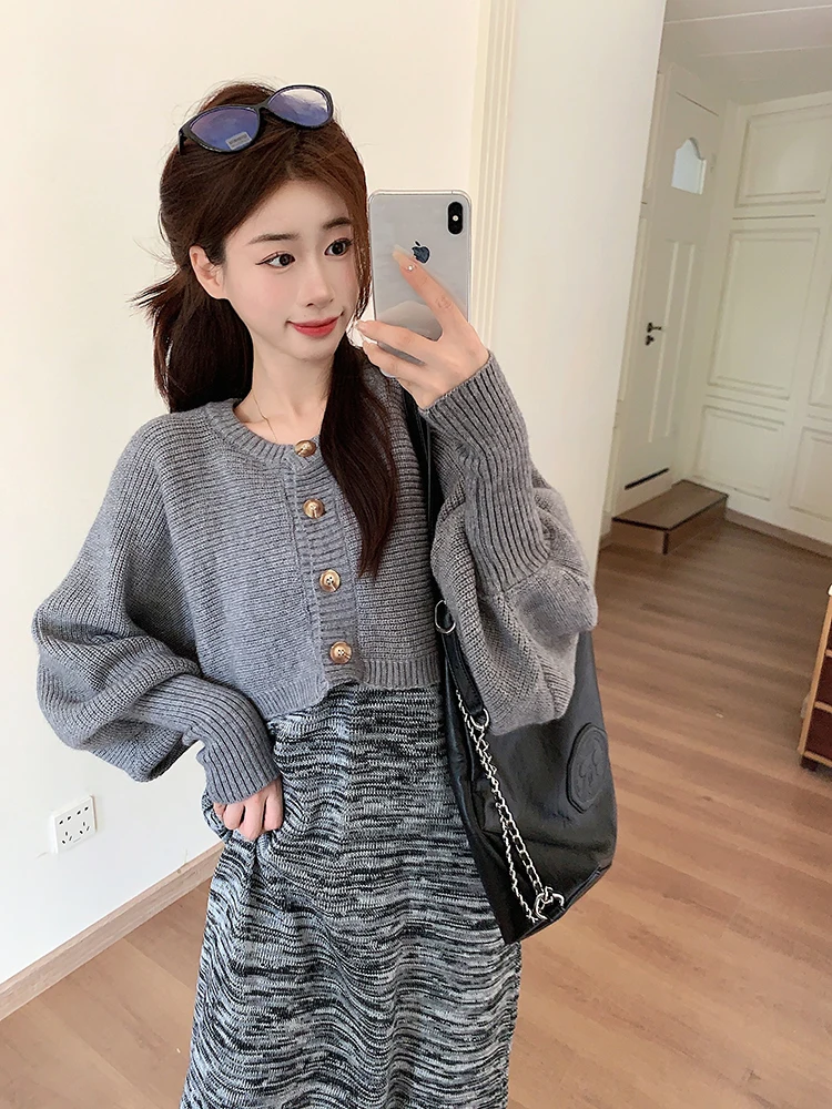 Women's Batwing Balloon-Sleeve Button Front Rib Knitted Slouchy