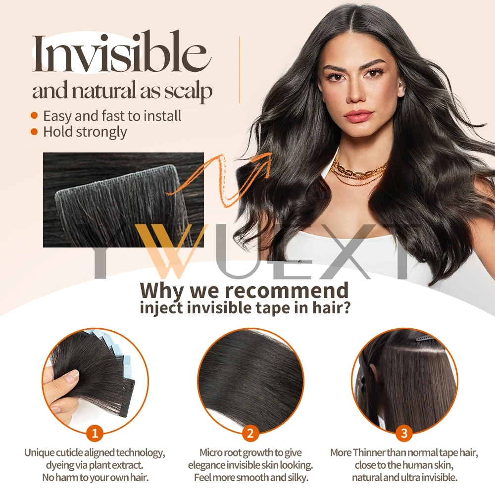 YWUEXT 보이지 않는 PU 스킨 웨프트 헤어 익스텐션 12''-22'' 천연 스트레이트 머신 레미 심리스 접착 테이프 인모 10개
