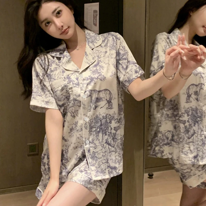 China Style Ink and Wash Landscape Painting Pajamas Women New Summer Cool Female Sleepwear Classic Elegant Short Housewear women pajamas set women pajama suit cotton pajamas set