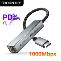 2 in 1 USB Type C to RJ45 USB-C Converter HUB PD 60W Fast Charging Type-C Network Card Lan Gigabit Adapter Cable For PC Notebook 1