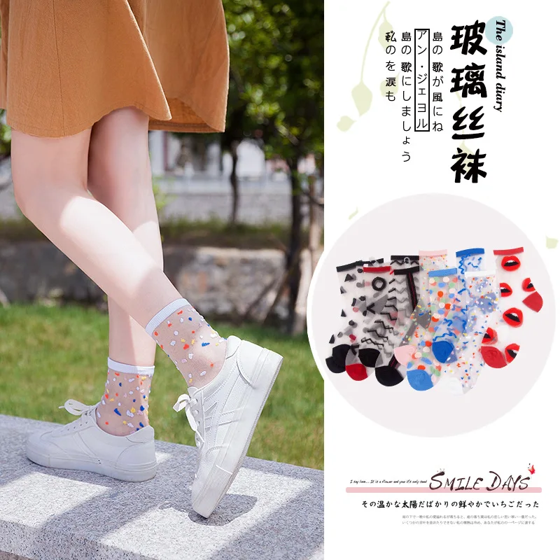 Description Picture 2 of itemWomen Socks Fashion Sheer Mesh Glass Silk Socks Ultrathin Transparent Crystal Lace Fabulous Elastic Ladies Summer Ankle Sock