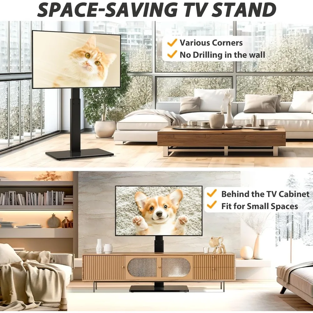 Universal Floor TV Stand,Base for 32-74 Inch TVs with Swivel Height Adjustable Mount,Tempered Glass Base,Space Saving 5