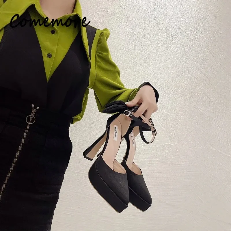 Comemore 2023 Summer New Fashion Satin Pumps High Heel Sandals Bow Buckle Pointed Toe Thick Heel Women's Shoes High Heels Women 2