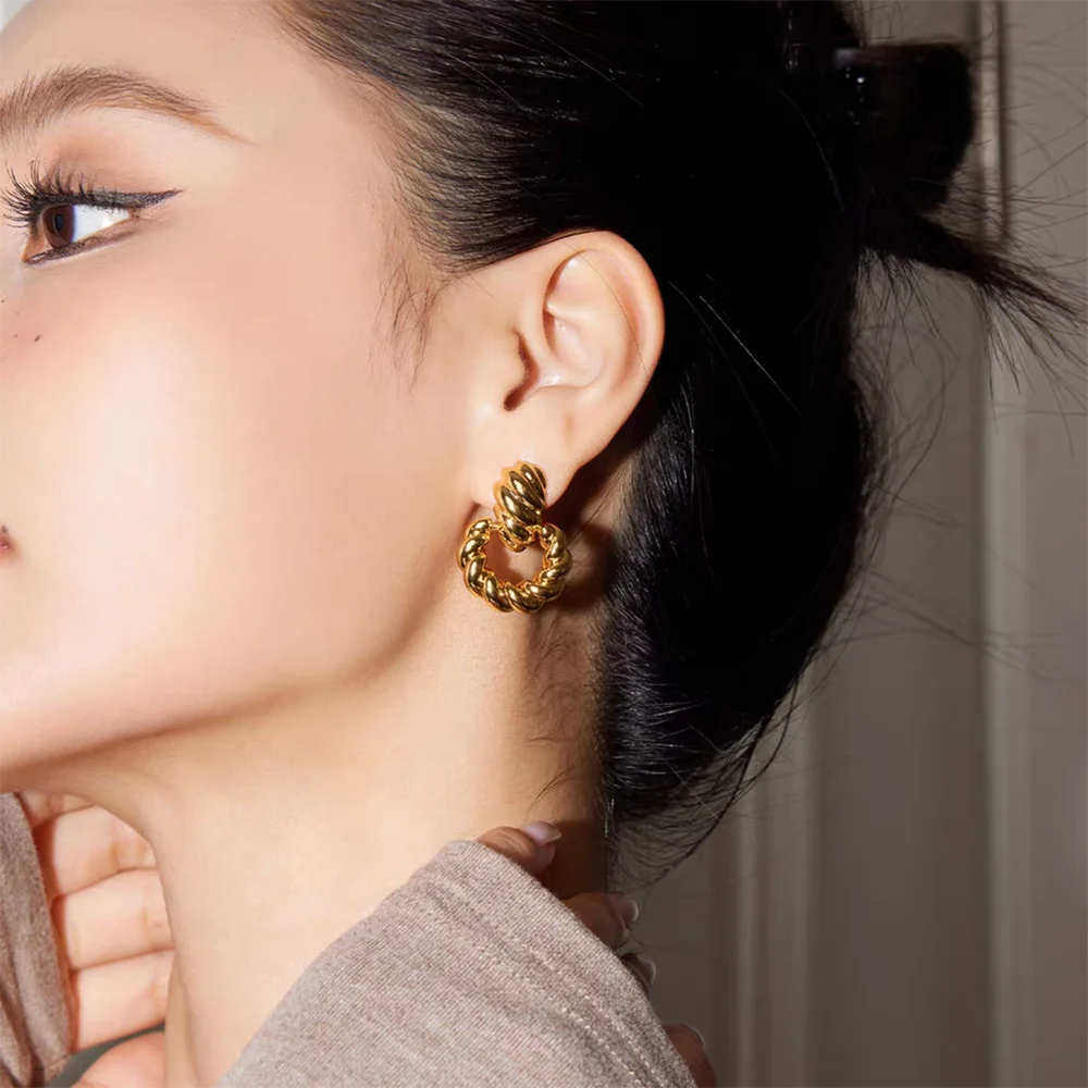 Vintage Thick Twisted Round Circle Dangle Earrings Waterproof Stainless Steel Chubby Dome Glossy Studs Non Tarnish Party Jewelry