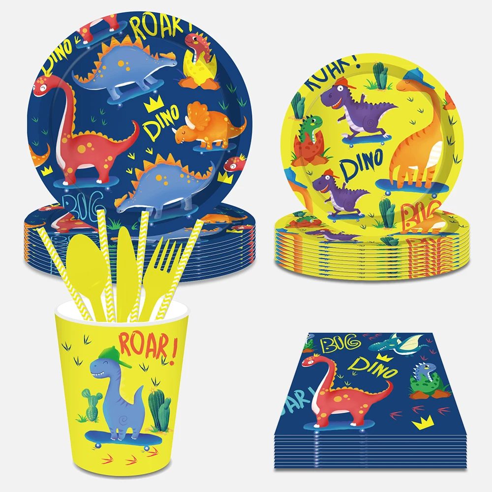 

Cartoon Wild Dinosaur Dino Roar Birthday Party Disposable Tableware Sets Paper Plates Cup Napkins Baby Shower Party Decorations